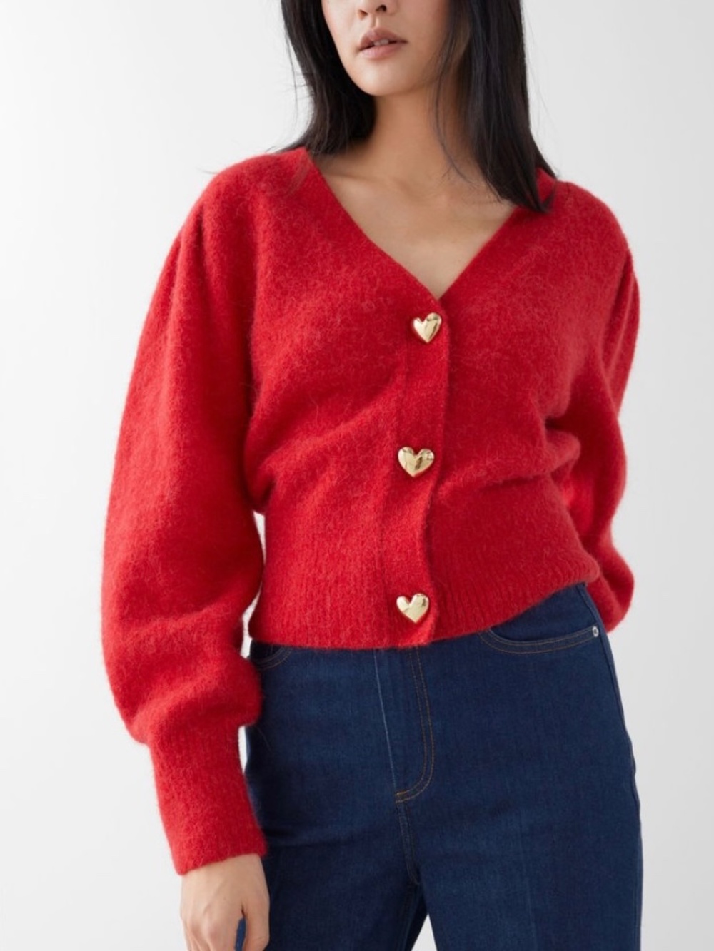 ★Worn Once! & OTHER STORIES  Gold Heart Button Cardigan Red Size M★